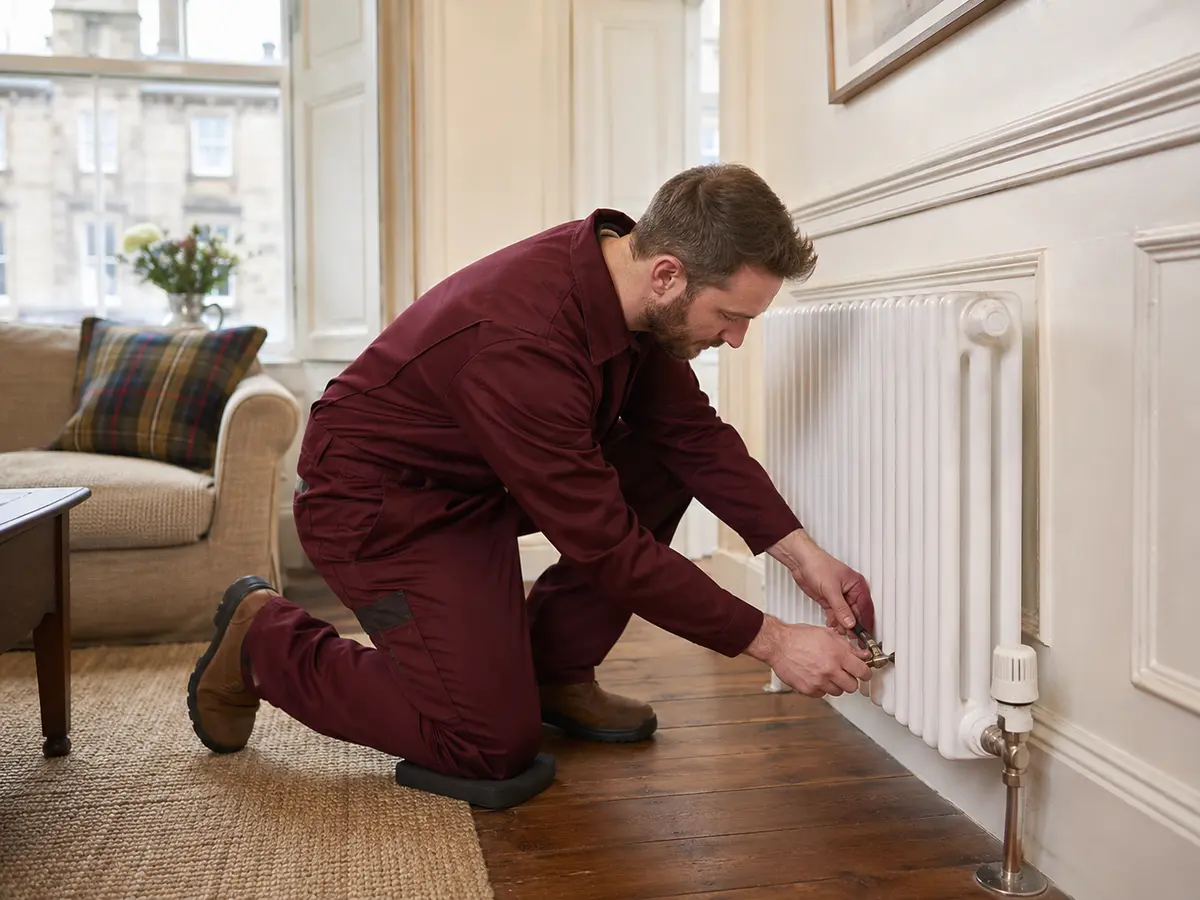 Heating engineer checking a radiator in an Edinburgh home